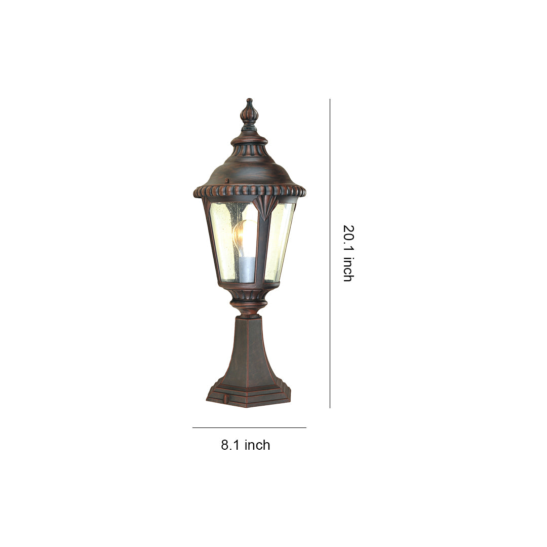 Fence pillar light with ornate Victorian design and amber glass in bronze finish, shown with height measurement