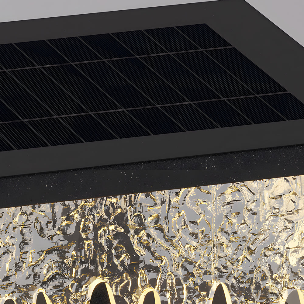 Fence pillar lights with a close-up of the crystal-like light fixture.