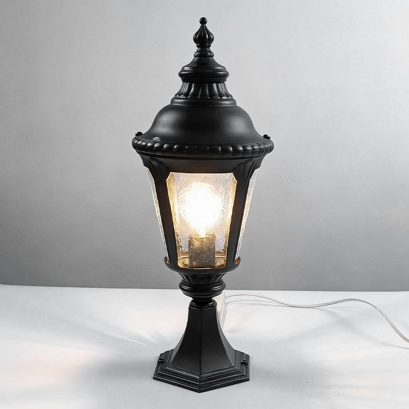 Fence pillar lights product photo featuring the full lantern shape with a glowing bulb on a white background.