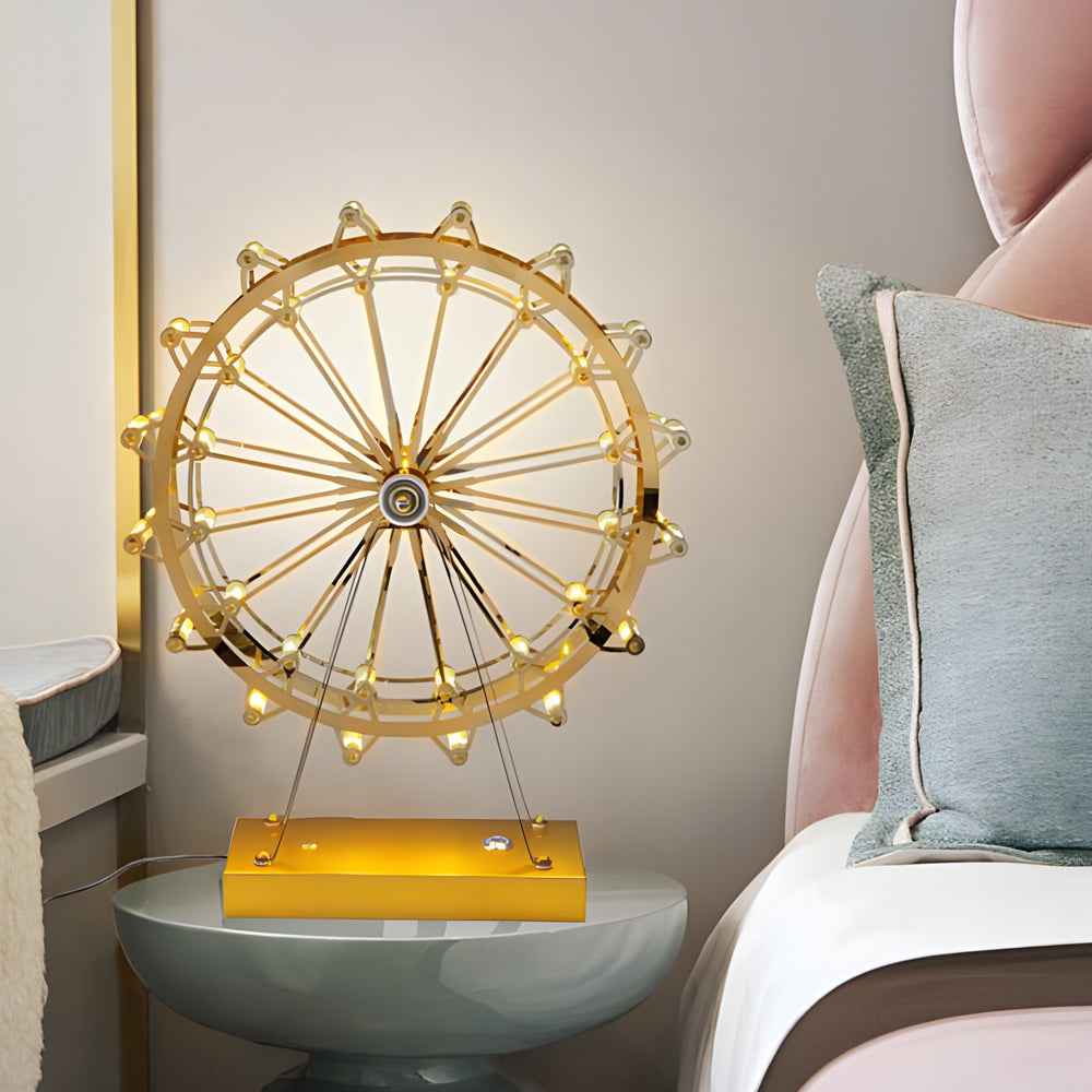 Ferris wheel lights enhancing a contemporary side table with playful, decorative design.