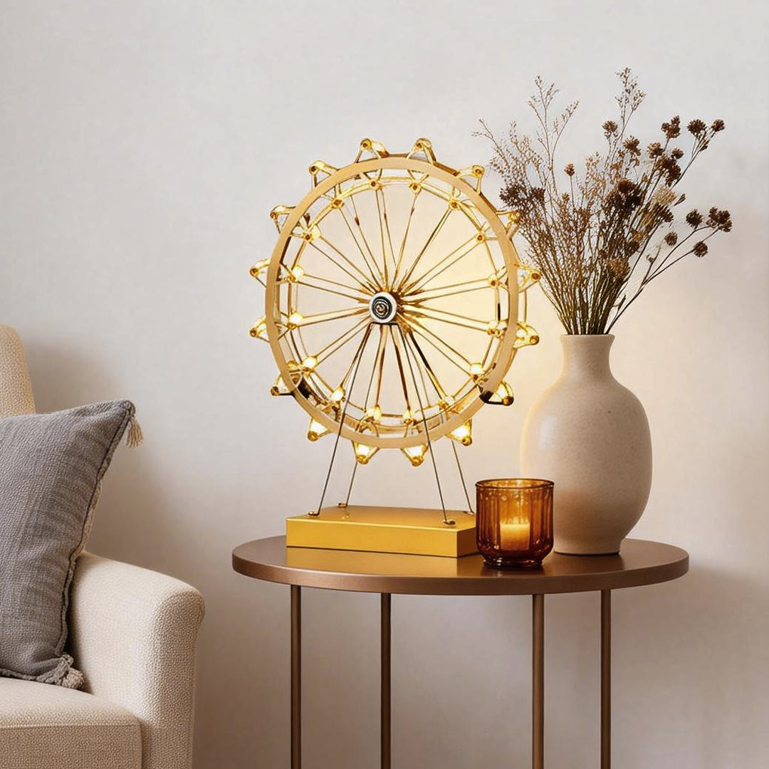 Ferris wheel lights illuminating a cozy living room corner with warm, whimsical glow.
