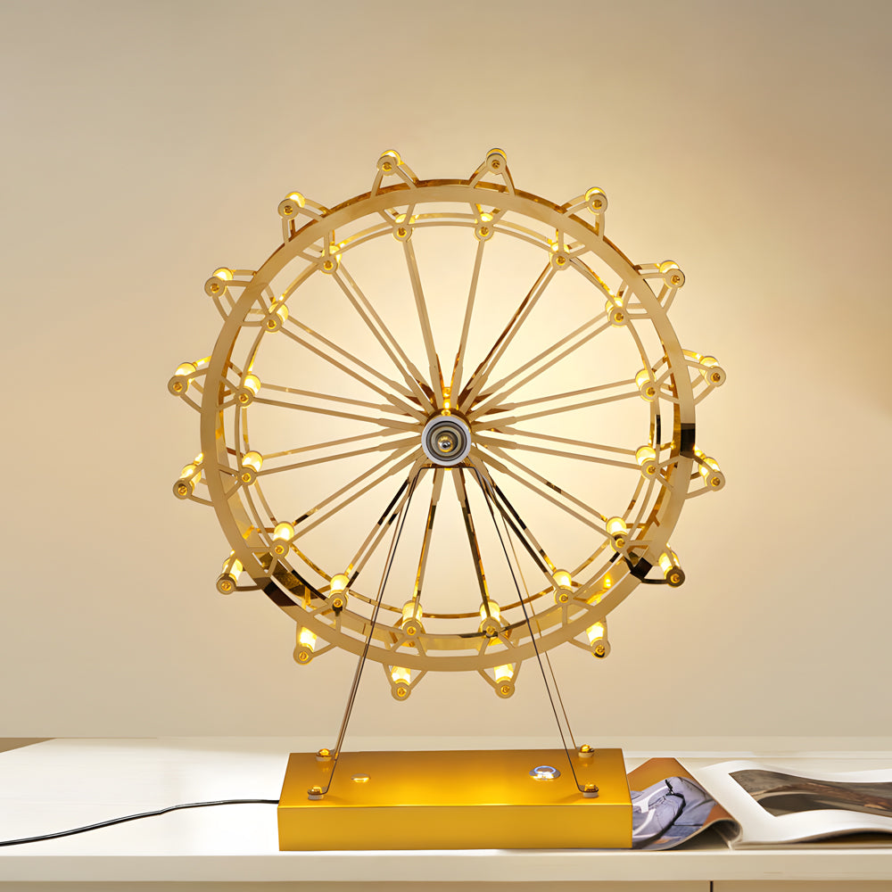 Ferris wheel lights casting a gentle glow on a stylish nightstand.