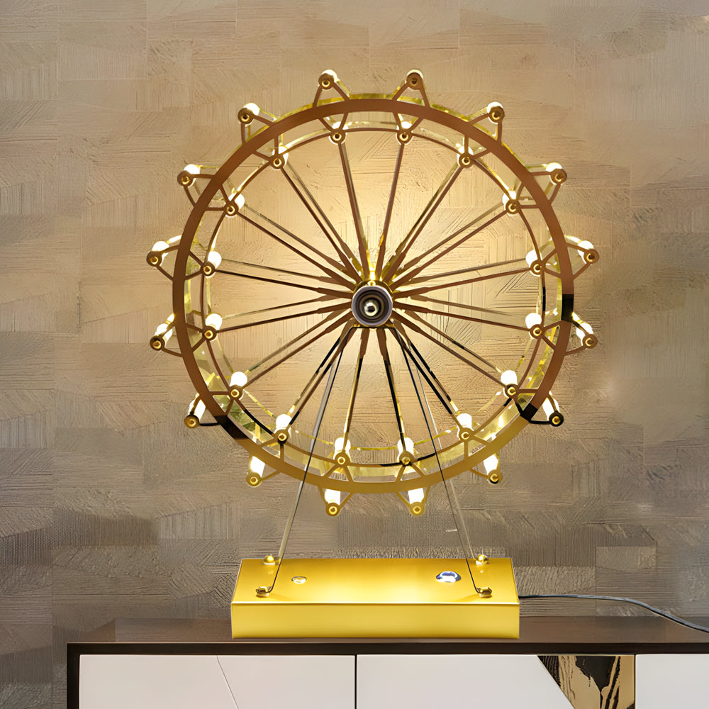 Ferris wheel lights illuminating a modern sofa area with ambient light.