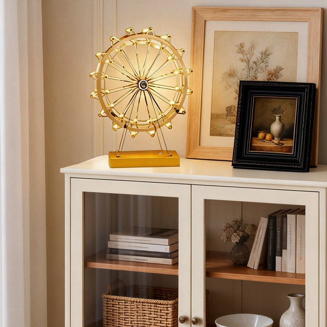 Ferris wheel lights providing soft light beside a modern bookshelf.