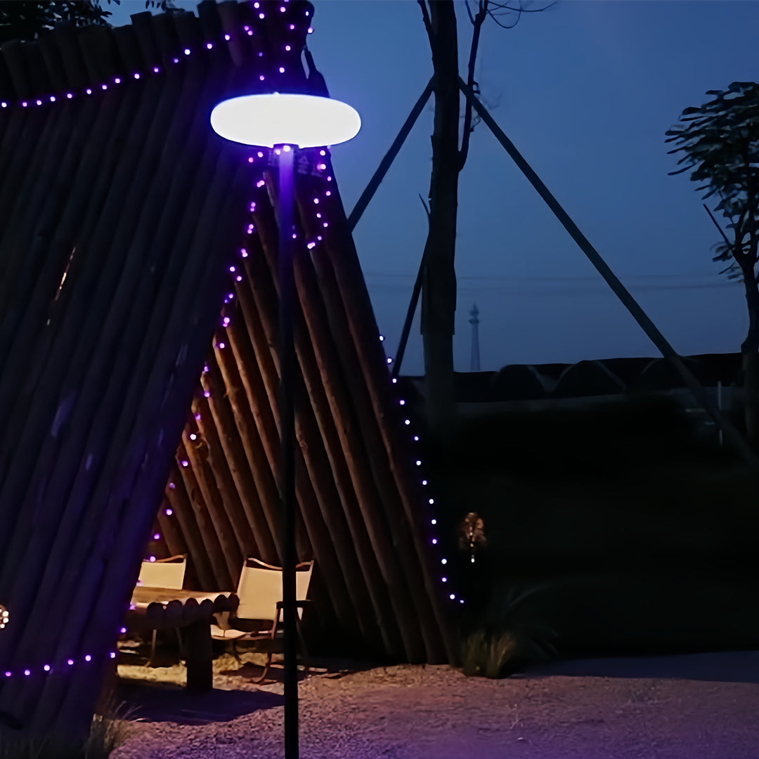 Outdoor patio floor lamp in a festive setting, ambient lighting for evening gatherings