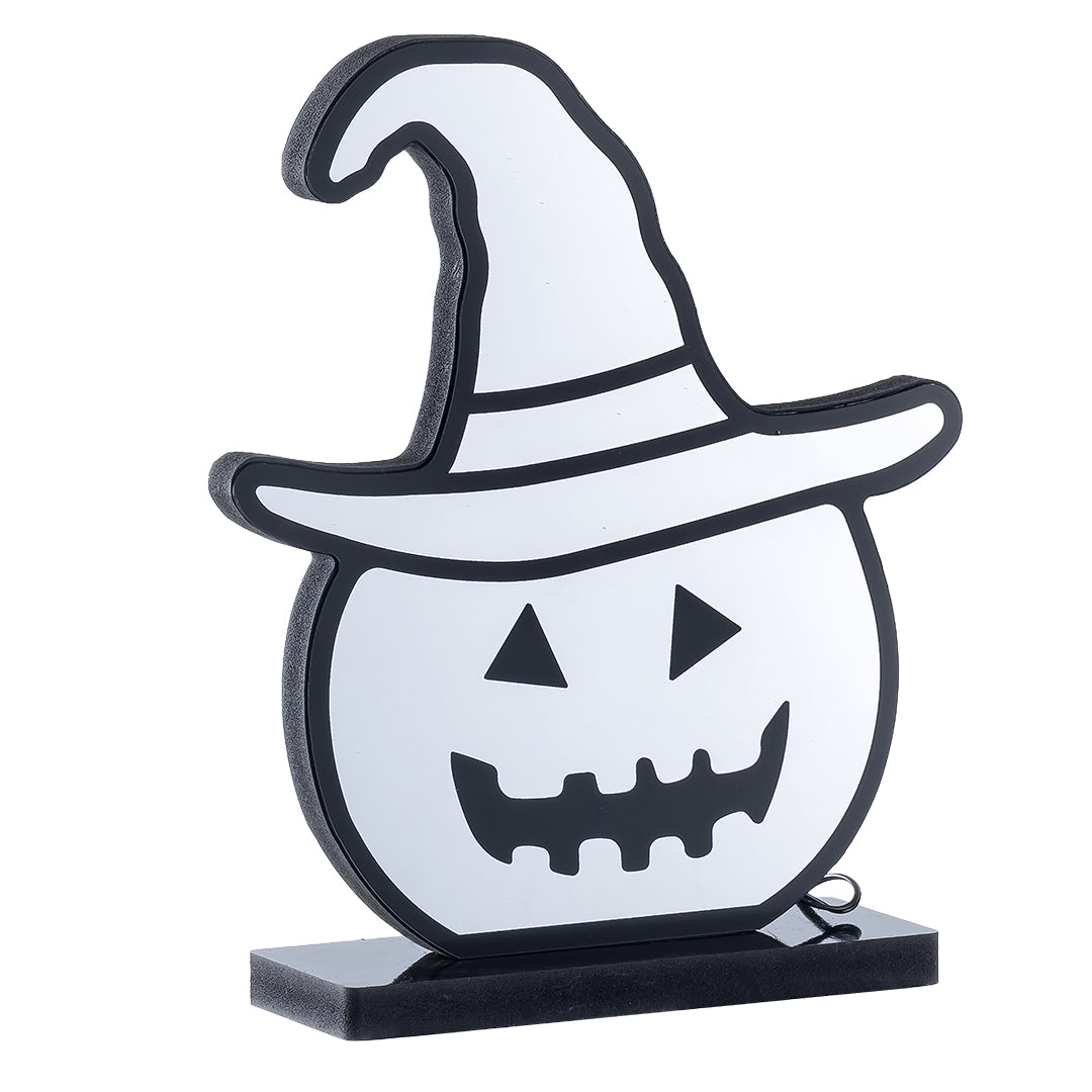 Finished product view of the freestanding halloween pumpkin lights assembled on its black pedestal base.