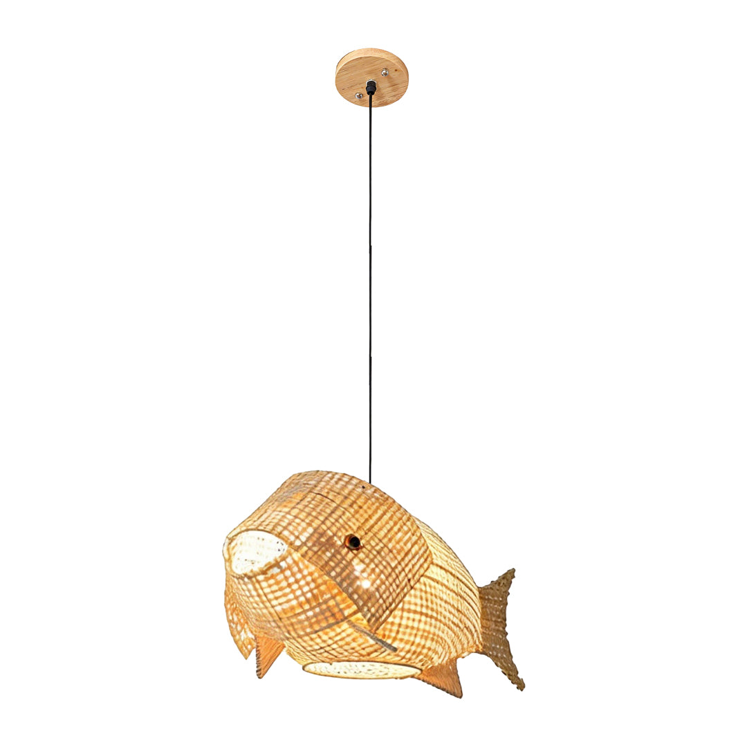 Fish pendant light with a rattan finish, enhancing a contemporary dining space.