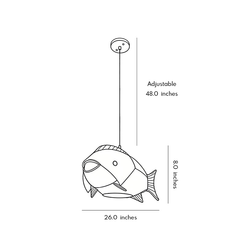 Technical diagram of fish pendant light showing dimensions and installation details.