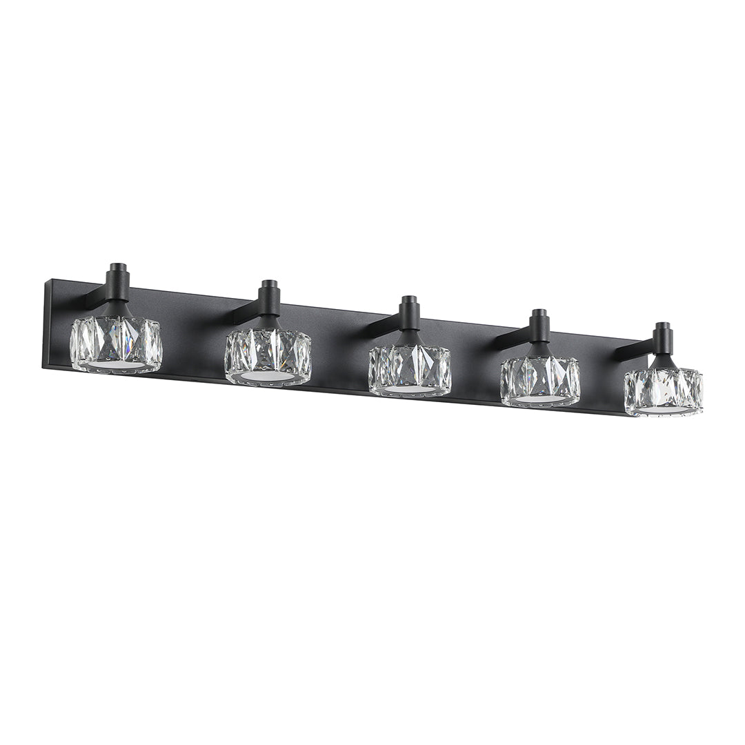 Five-light crystal bathroom vanity light featuring glass shade chandelier inspired cube crystal shades on black linear bar.