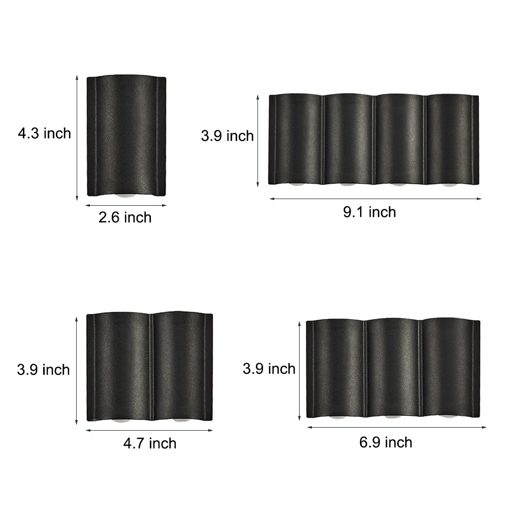 Black up and down outdoor wall lights with five light units for enhanced outdoor lighting coverage.
