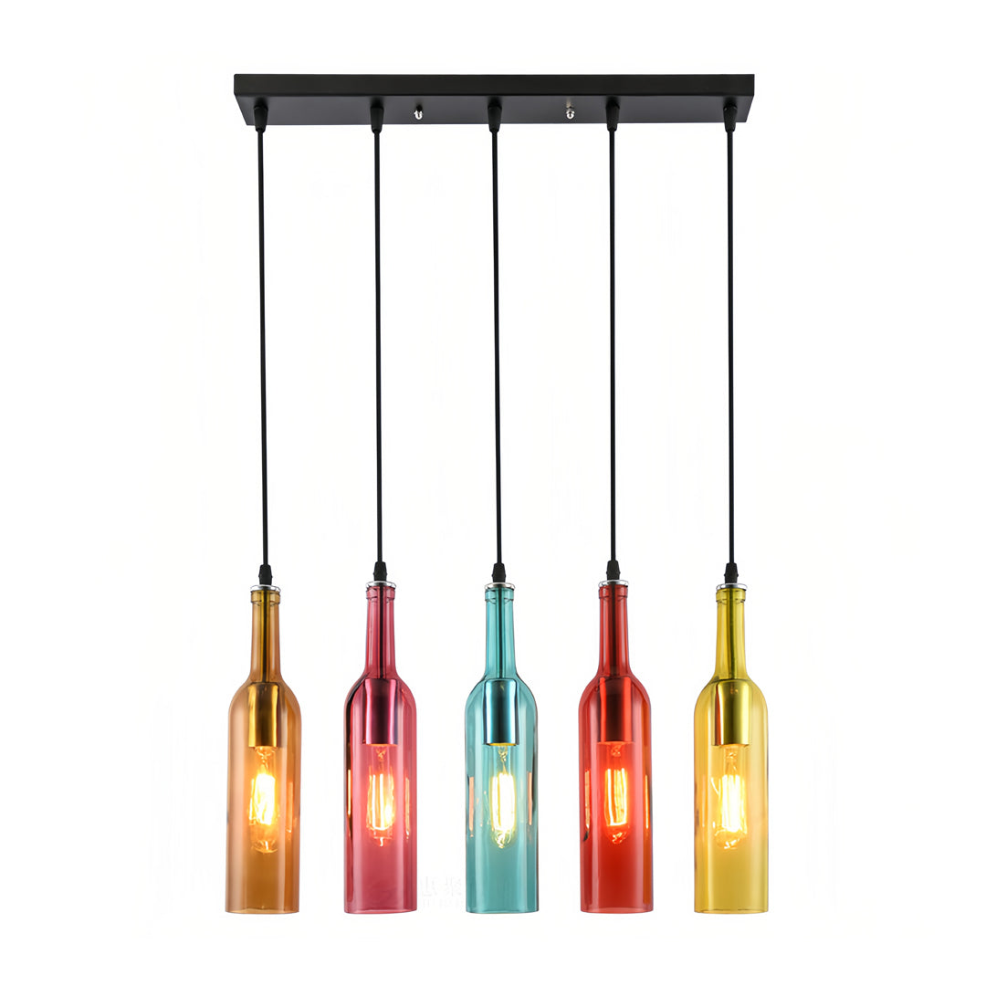 Multi-color wine bottle pendant lights cluster with five bottles in rainbow colors