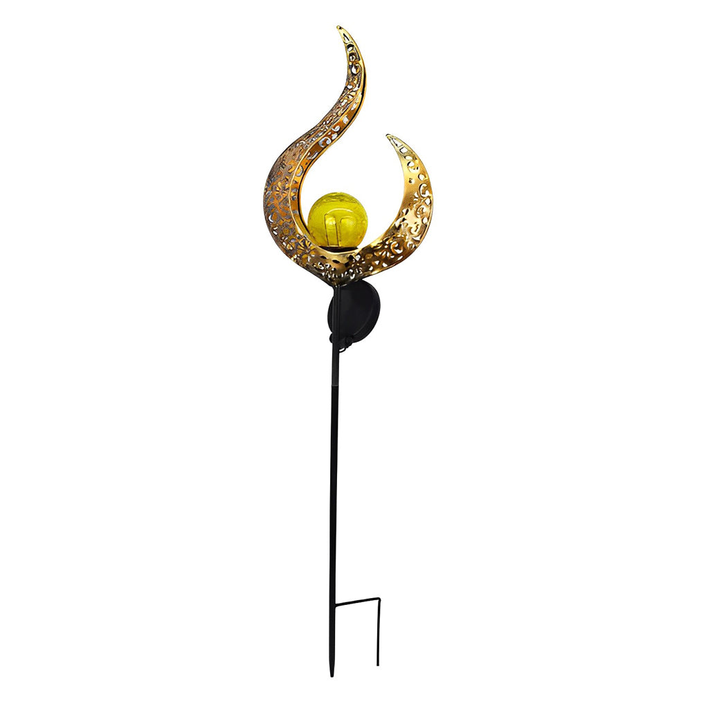 Flame-shaped solar garden stake light with a black post and warm crackle glass globe.