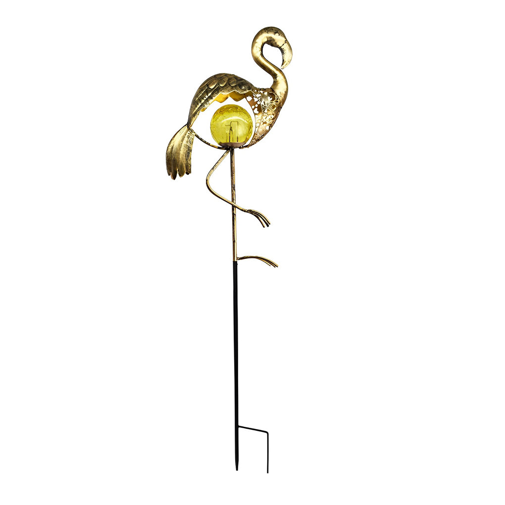 Flamingo solar garden stake light with a decorative metal body and glowing crackle glass center.