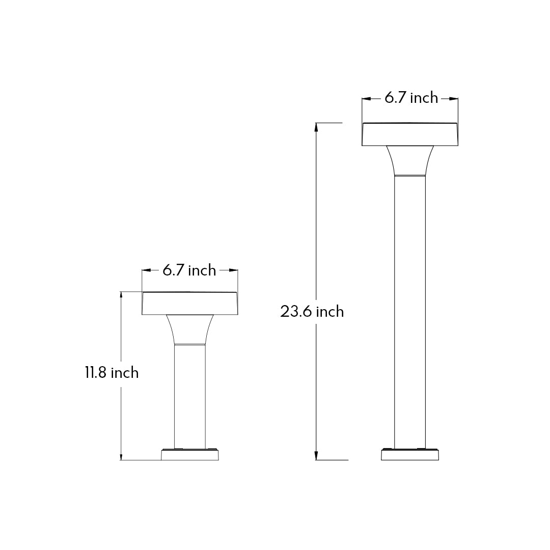 Technical blueprint with dimensional specifications for flat-top cylindrical bollard light fixture