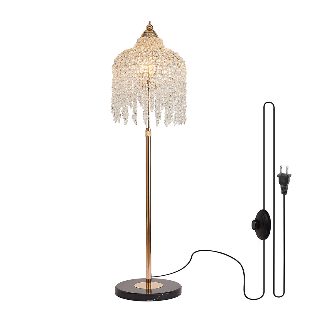 Modern floor crystal lamps with gold stand and cascading teardrop crystals, ideal for bedroom or living room.