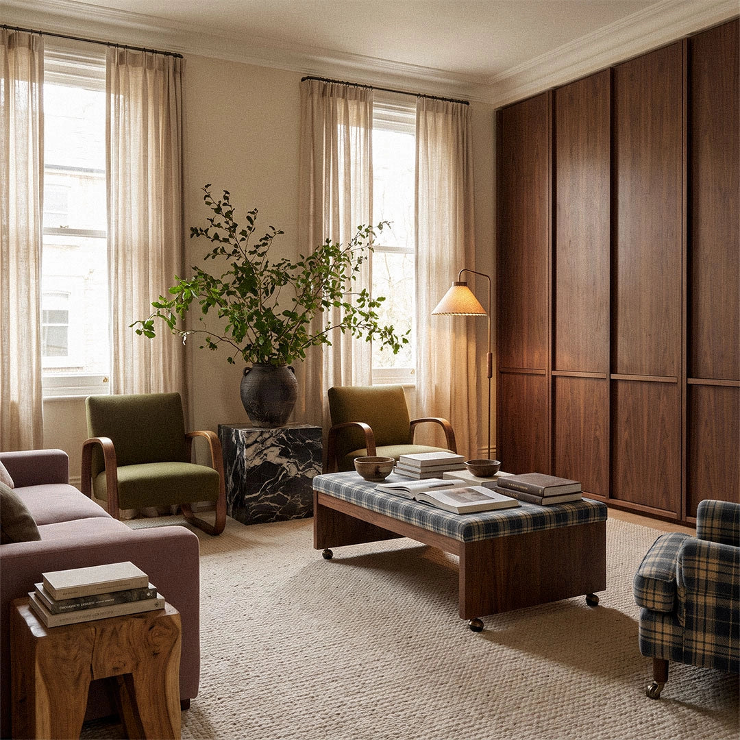 Floor decorative lamp adding warm light to a cozy living room with wood cabinets and neutral seating.