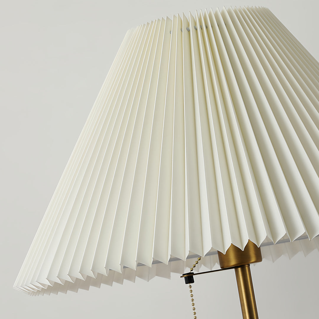 Floor wood lamp shade detail showing elegant pleated fabric design and quality craftsmanship construction