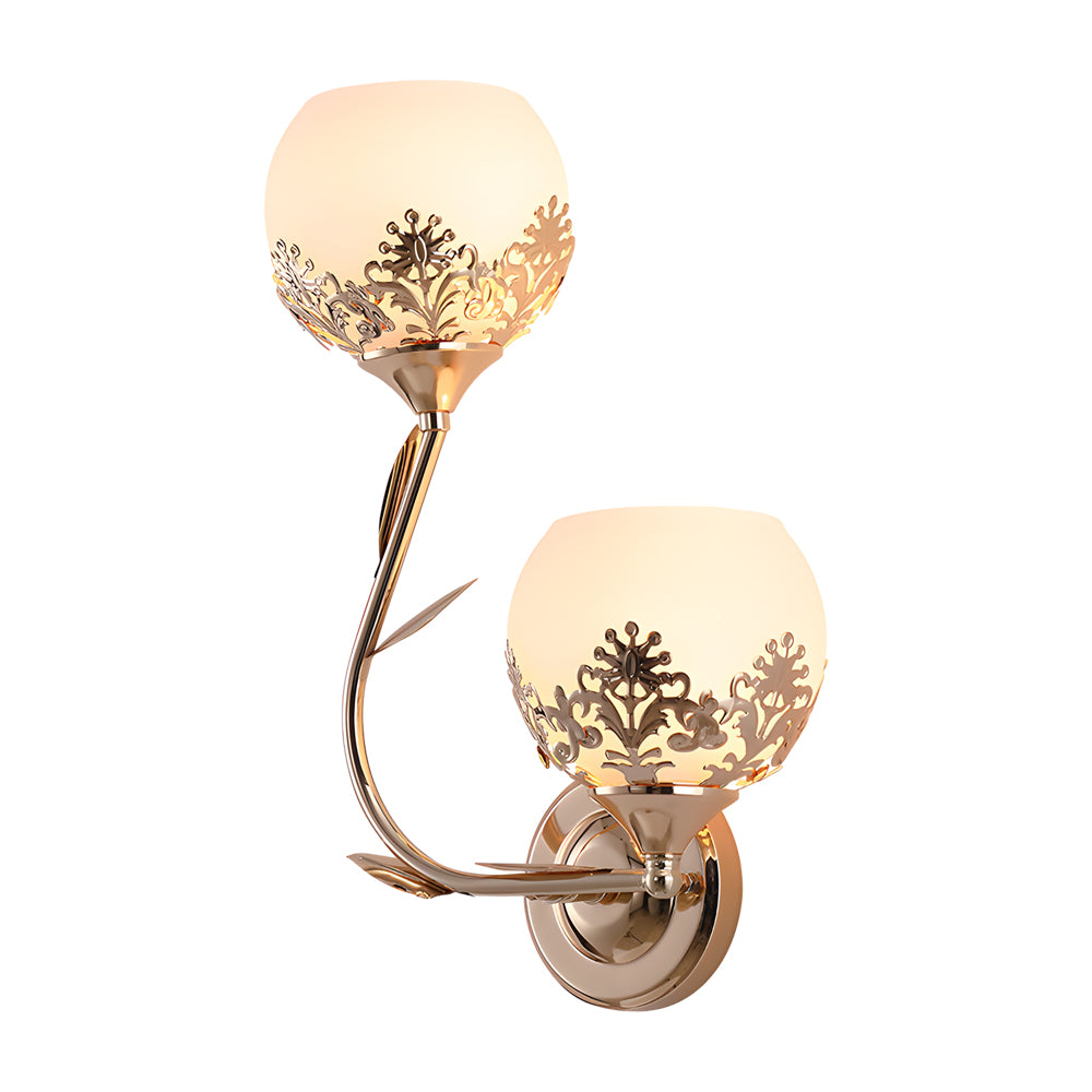 Floral wall sconce product image with warm light and gold finish on white background.