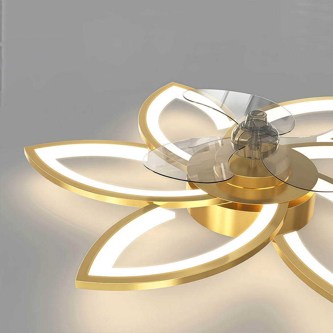 Flower ceiling fan with light in black, close-up of the petal design.