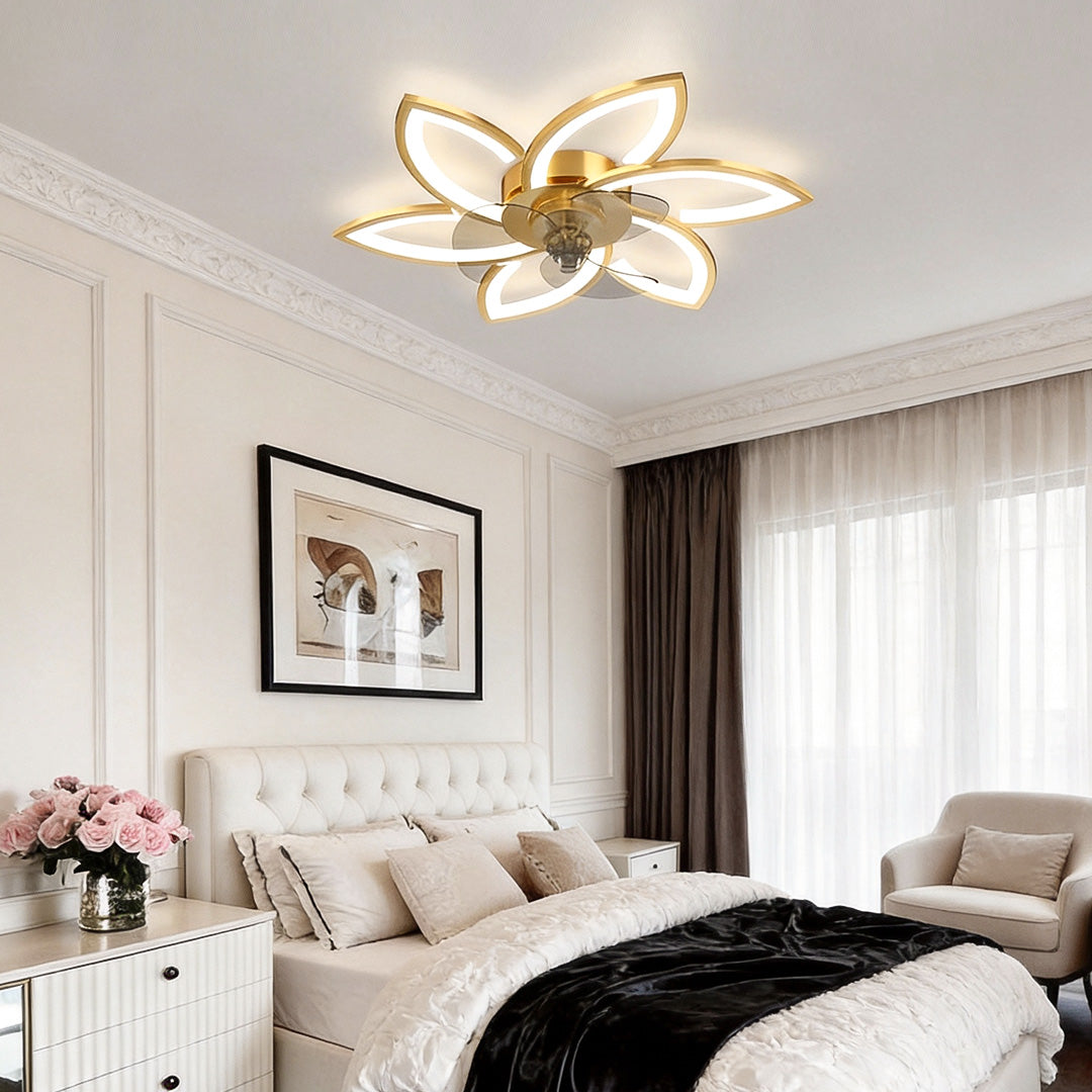 Flower ceiling fan with light in black, side view of the sleek design.