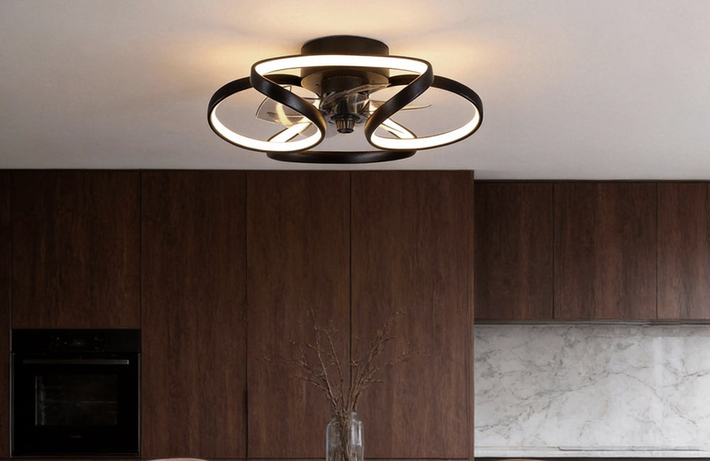 Black flower-shaped ceiling fan with circular blade guards