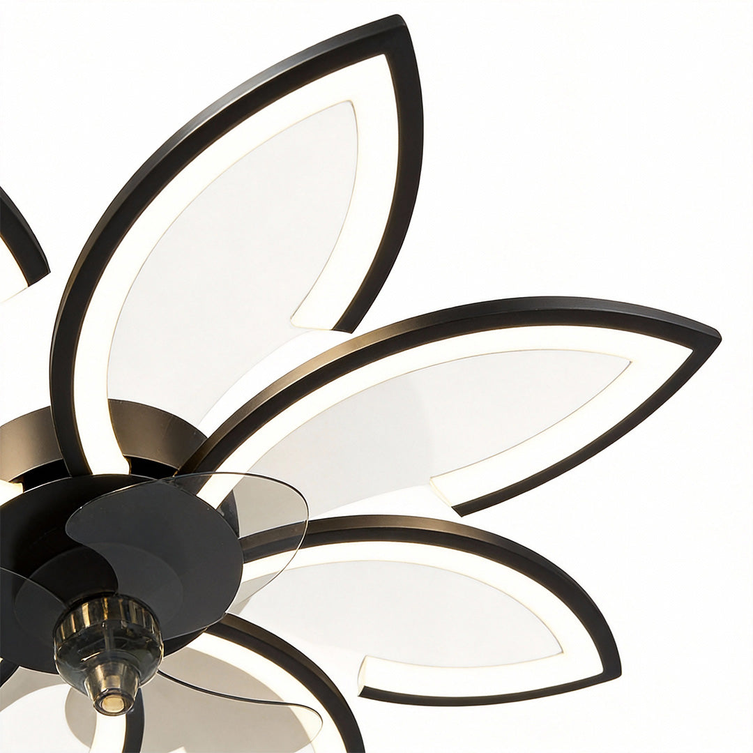 Flower ceiling fan with light in white, showcasing the illuminated flower pattern.