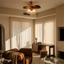 Flower ceiling fan with lights in a sunlit modern living room