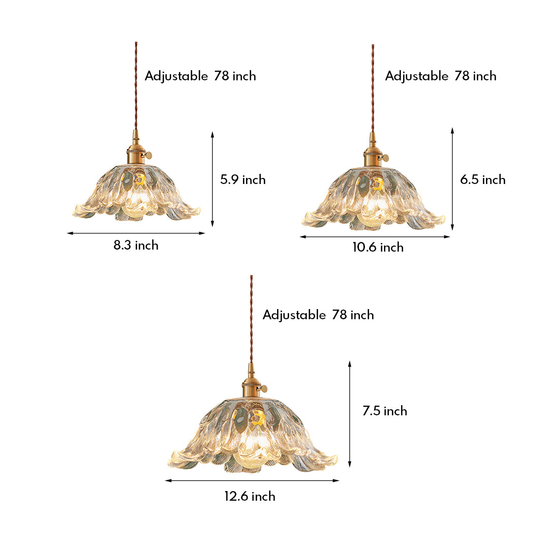 Product specification chart showing various sizes of flower pendant lighting with glass shade designs and measurements.