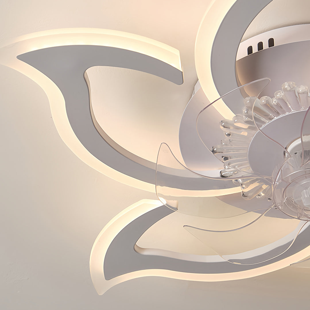 Close-up of modern flower petal ceiling light with fan, detailed indoor lighting fixture X6