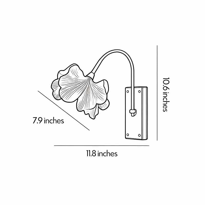 Flower wall light dimension drawing showing overall height, width, and wall projection measurements.