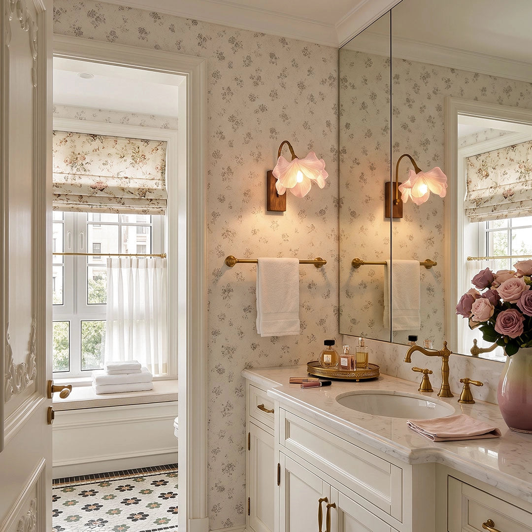 Flower wall lights mounted beside double mirrors in a bright bathroom vanity setting.