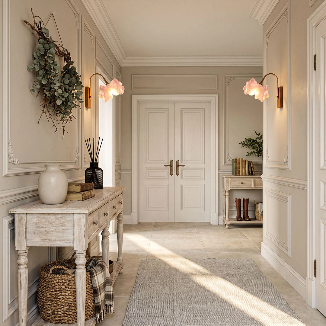 Flower wall light installed in an elegant hallway with paneled walls and soft natural sunlight.