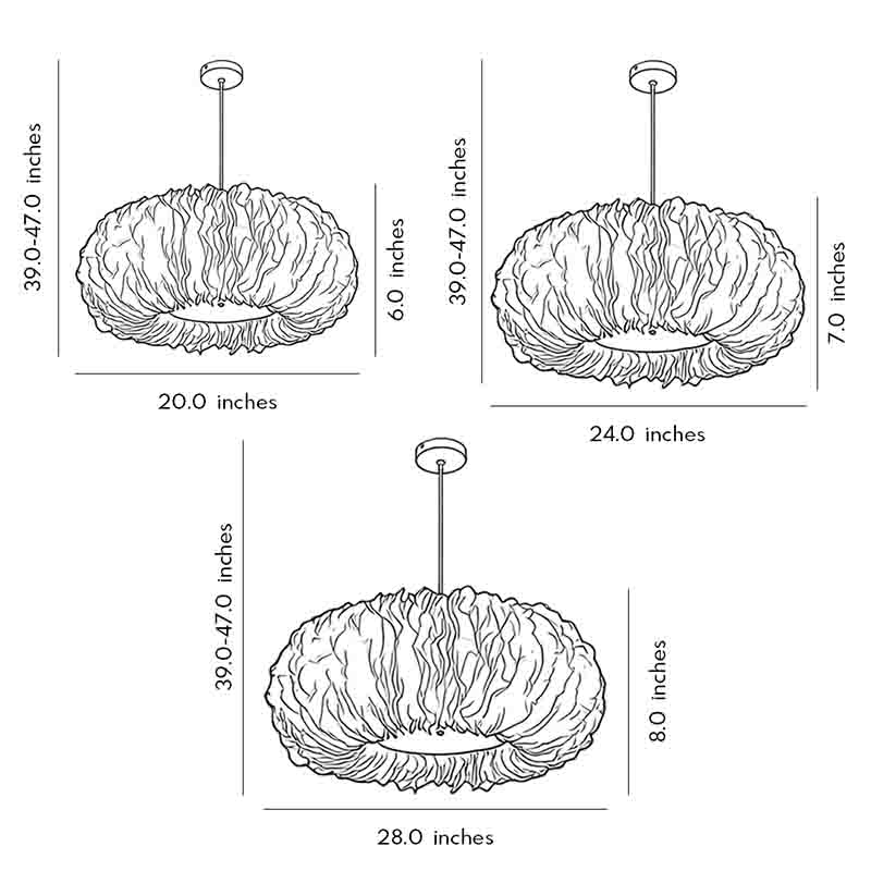 Technical dimension drawing illustrating installation size of a fluffy hanging light.