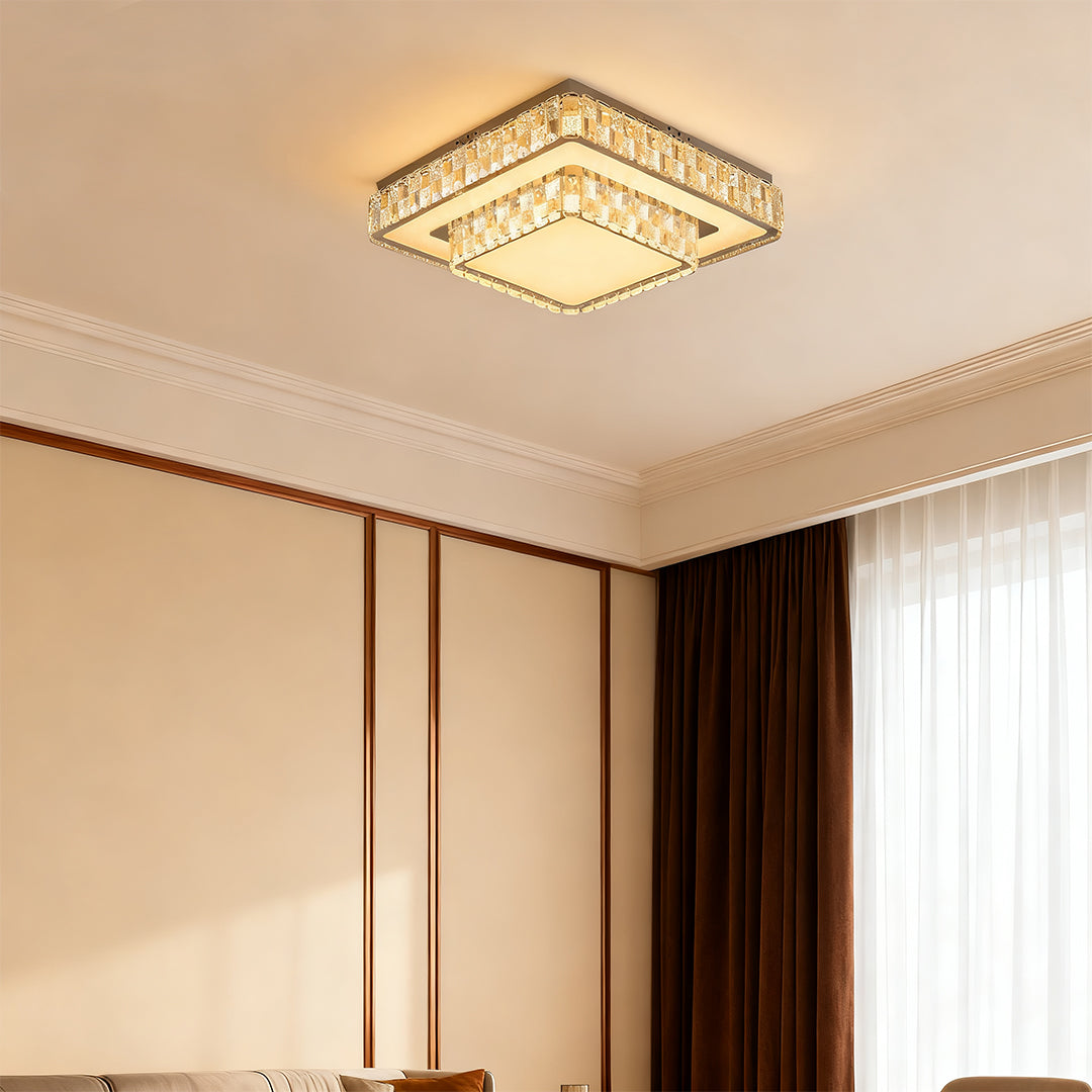 Close-up view of crystal detailing on a square flush mount ceiling LED light.