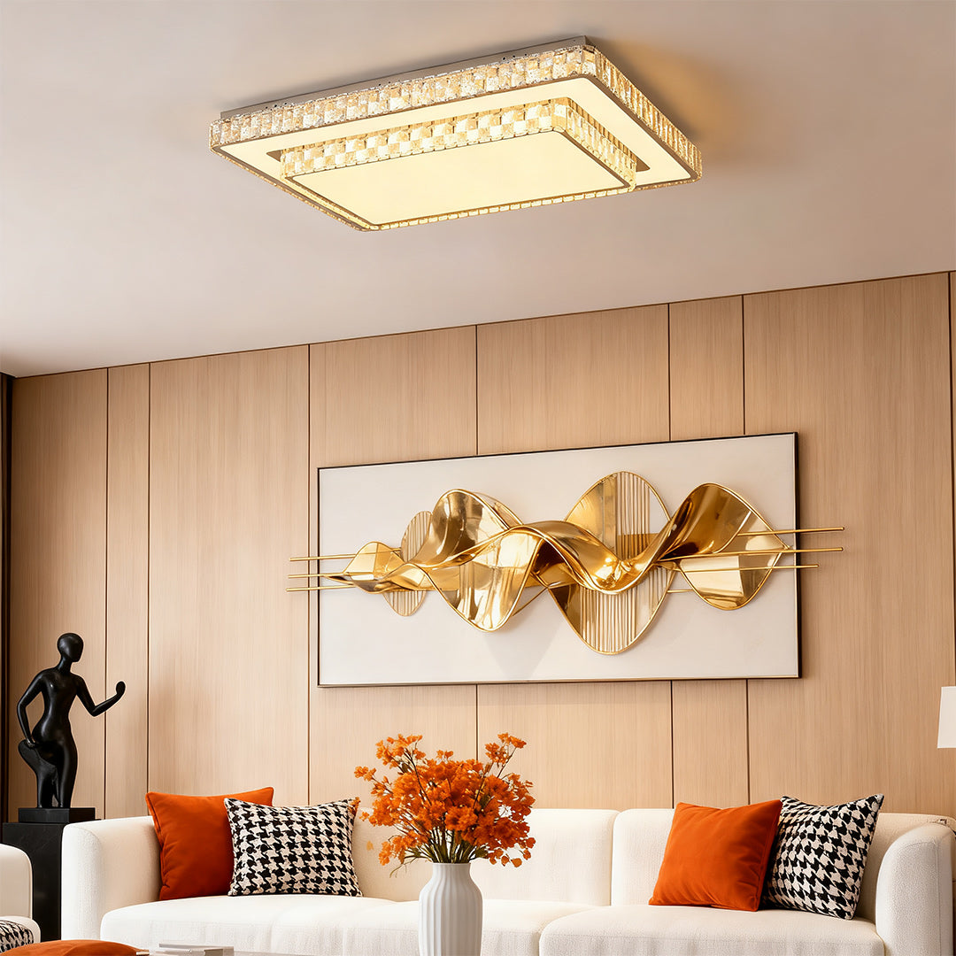 Crystal flush mount ceiling LED light above dining area with modern décor.