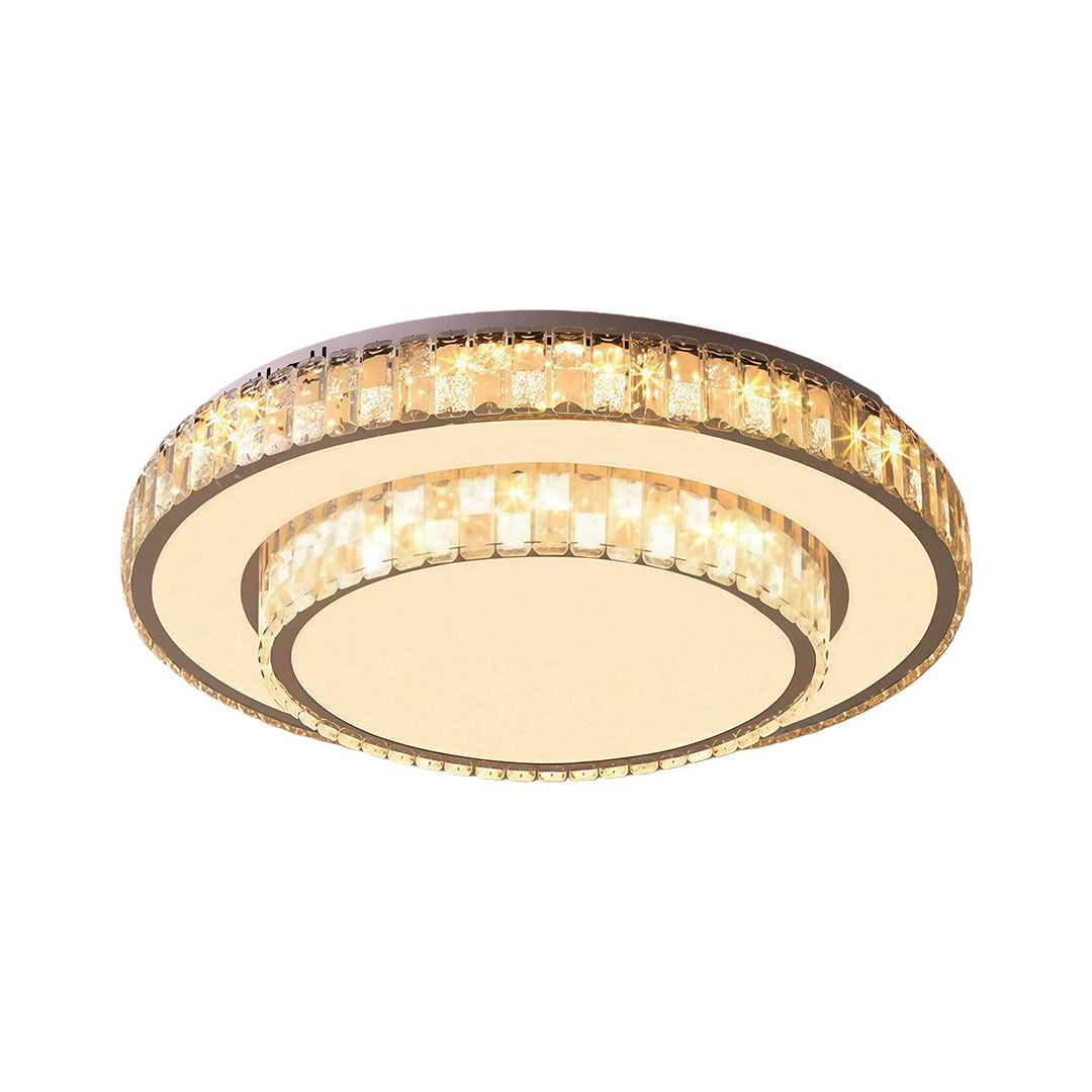 Classic round crystal flush mount ceiling LED light providing soft warm illumination.