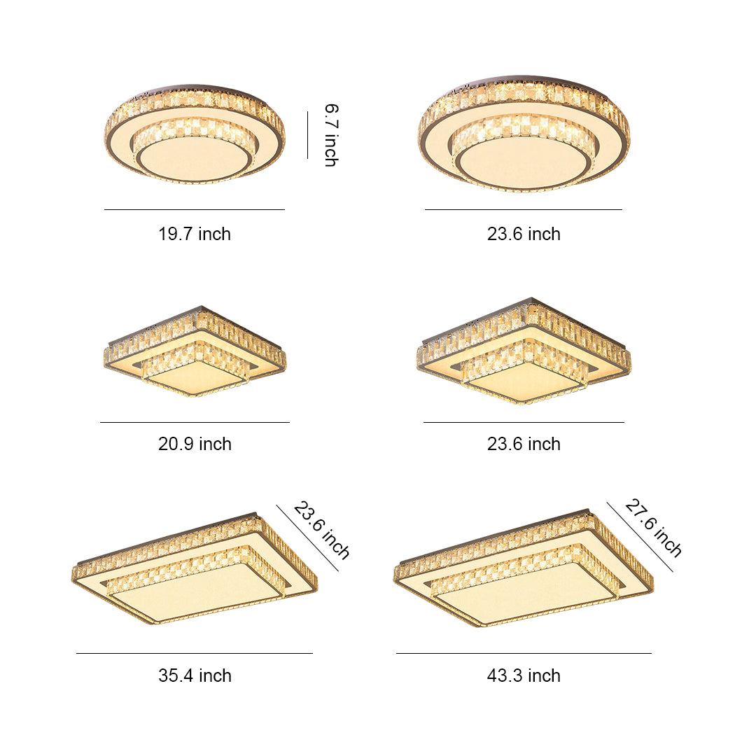 Elegant round flush mount ceiling LED light with crystal border, ideal for modern living rooms or bedrooms.