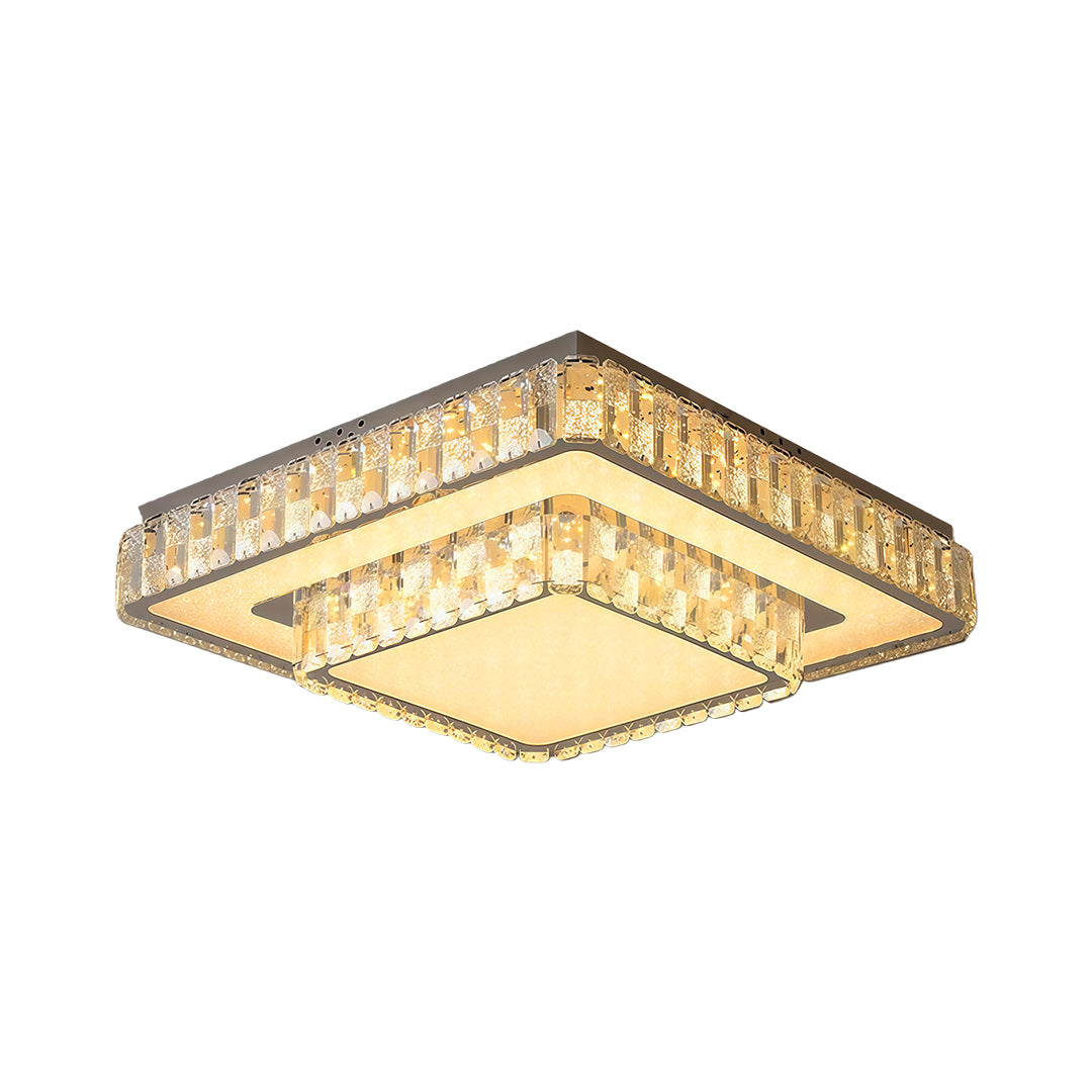 Square flush mount ceiling LED light with gold edge and crystal frame.