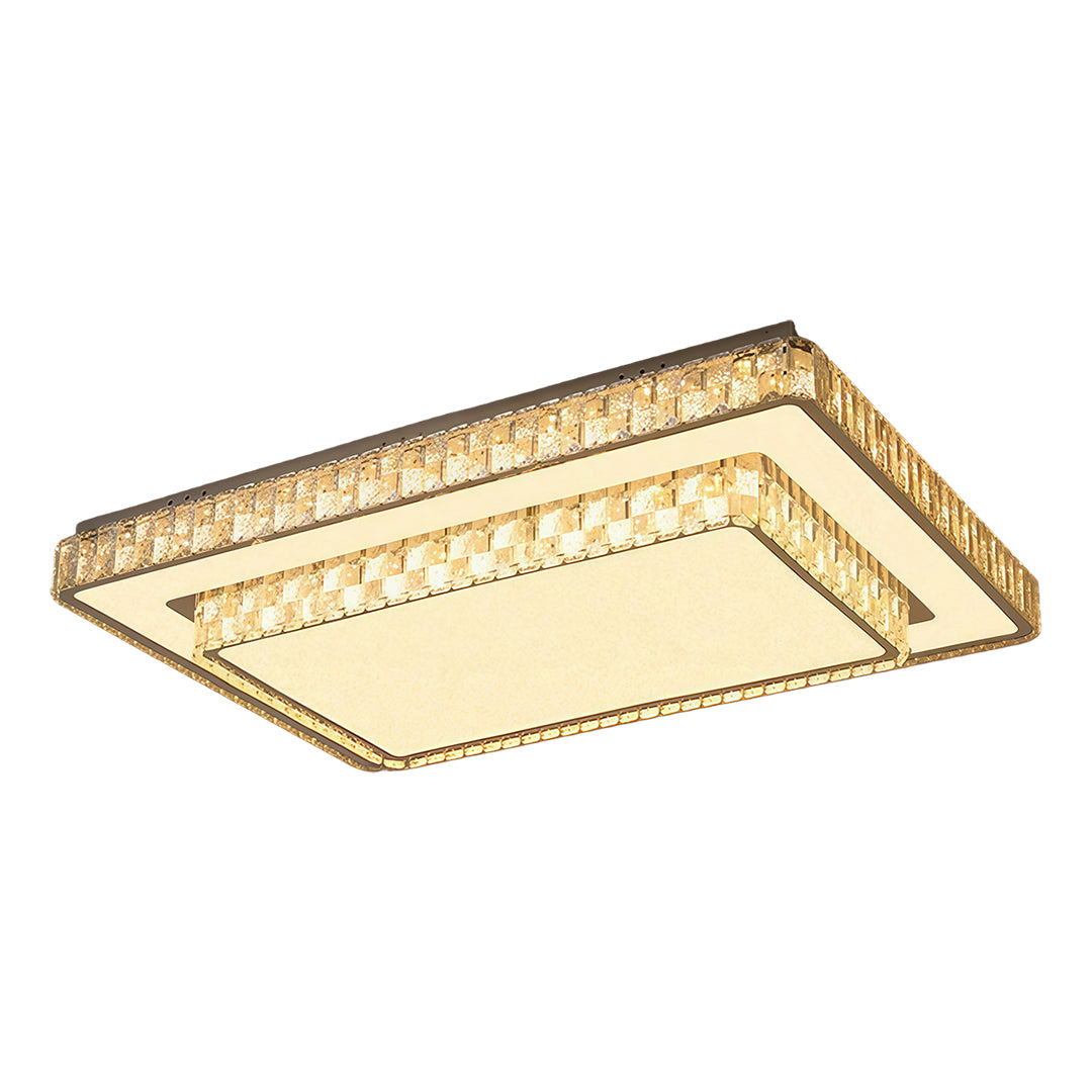 Layered square flush mount ceiling LED light with crystal accents and elegant glow.