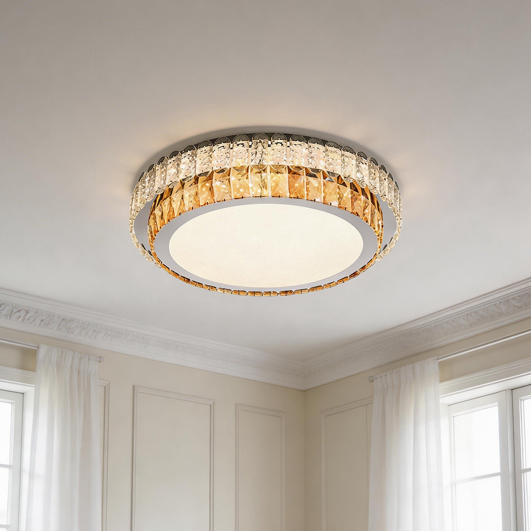 Elegant flush mount ceiling light modern with a double crystal ring in amber and silver tones.