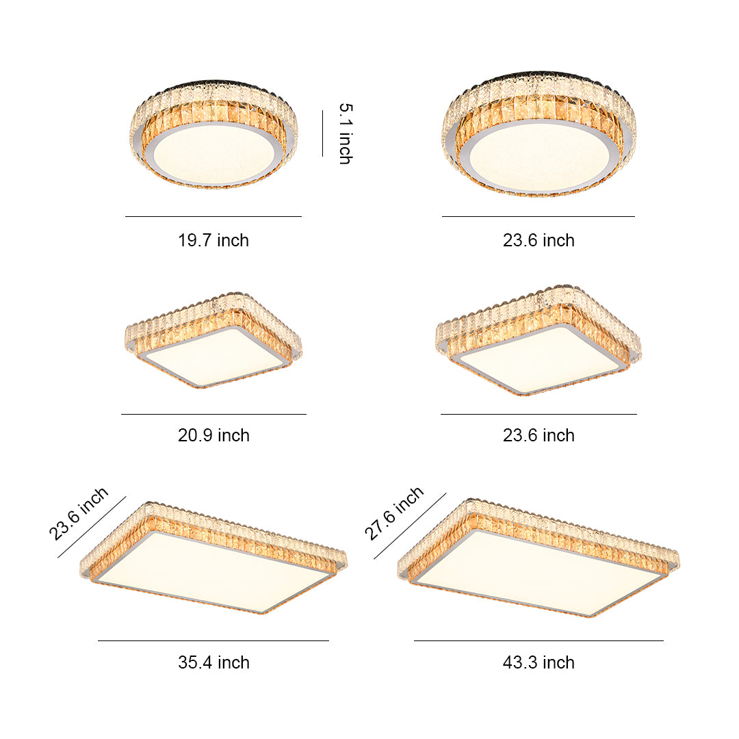 Size chart showing round and square flush mount ceiling light modern dimensions.
