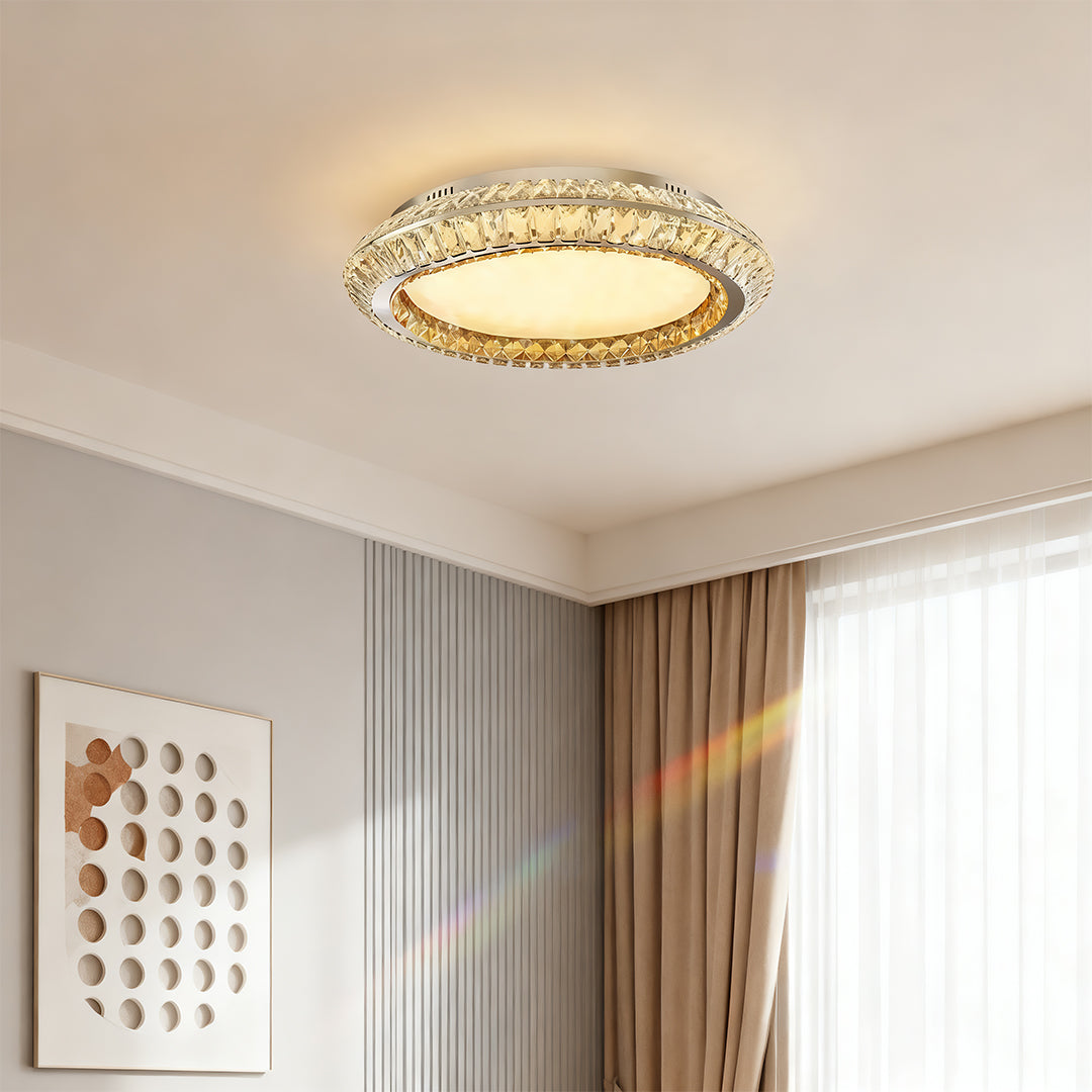 Flush mount crystal ceiling light placed in a cozy bedroom, enhancing the ambiance with subtle lighting.