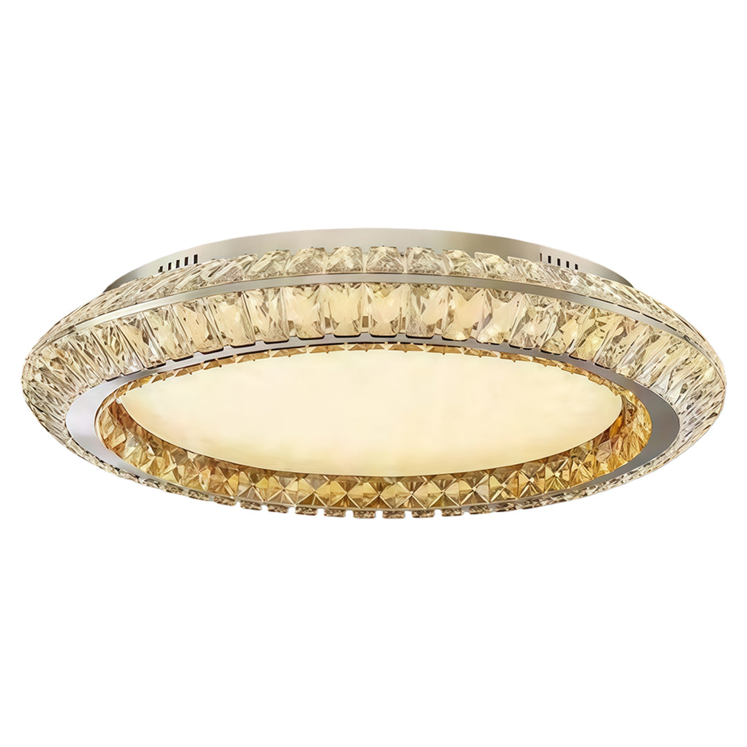 Flush mount crystal ceiling light installed in a modern bedroom, providing warm and inviting illumination.