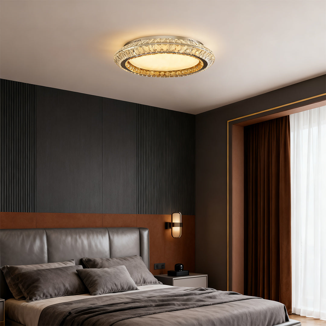 Flush mount crystal ceiling light in a modern living room, providing a stylish and bright atmosphere.