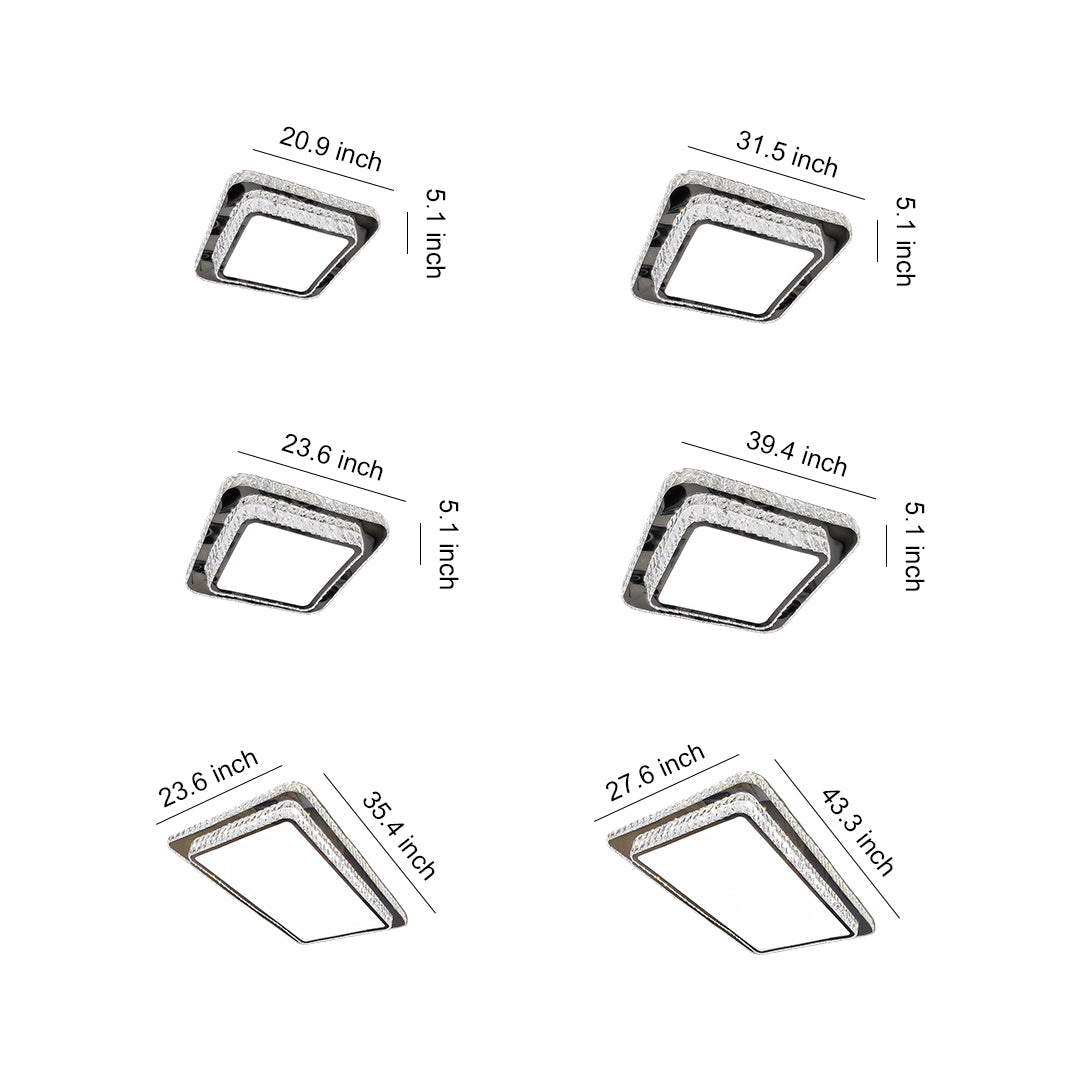 Technical illustration showing multiple size options and angles of a flush mount crystal light fixture.