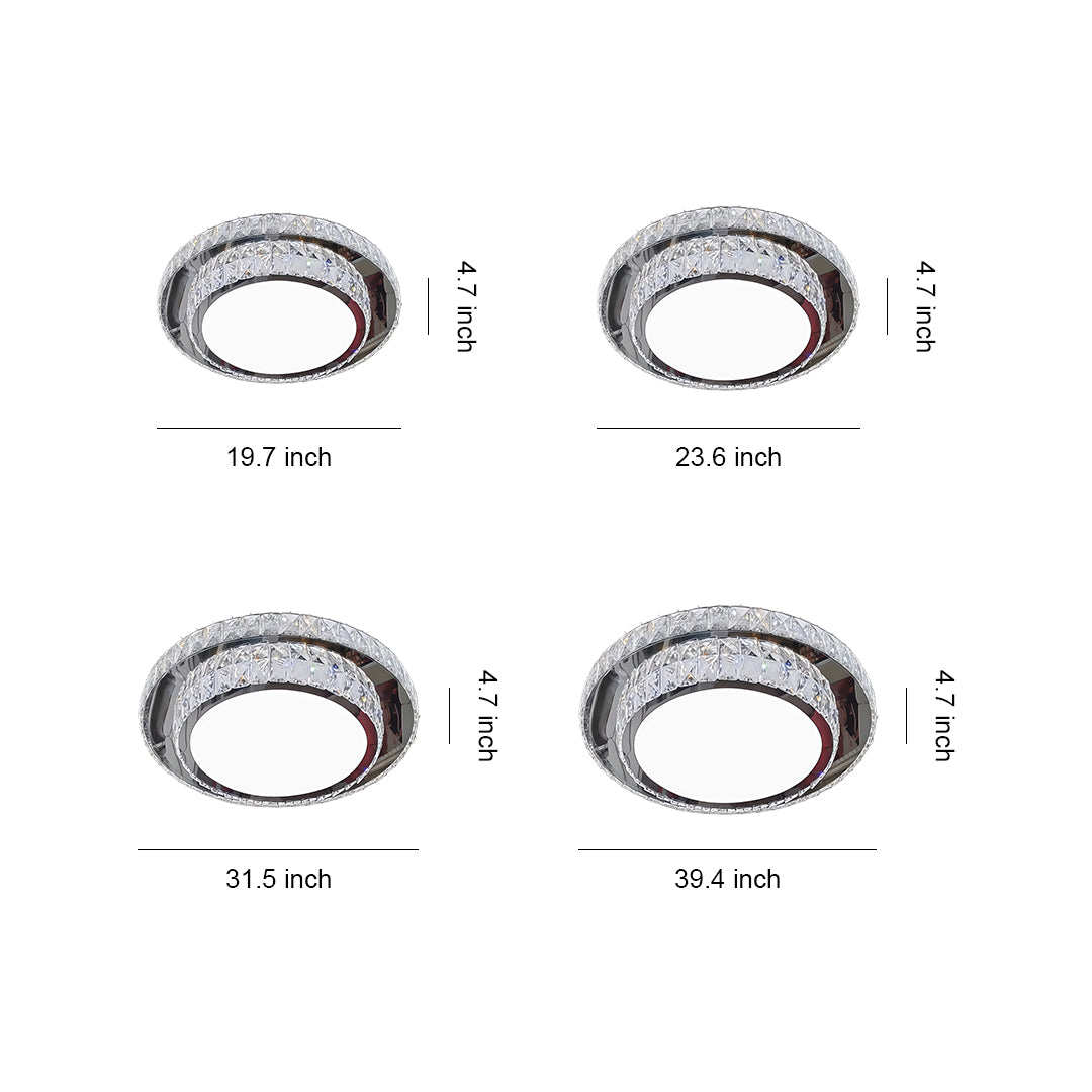Measurement guide displaying different circular models of flush mount crystal light fixtures.