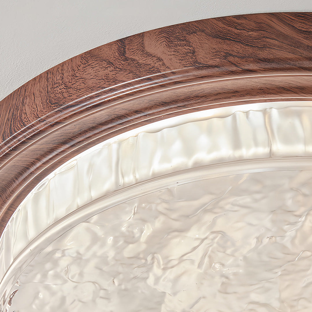 Close-up detail of flush mount dome light highlighting bronze frame and glass texture