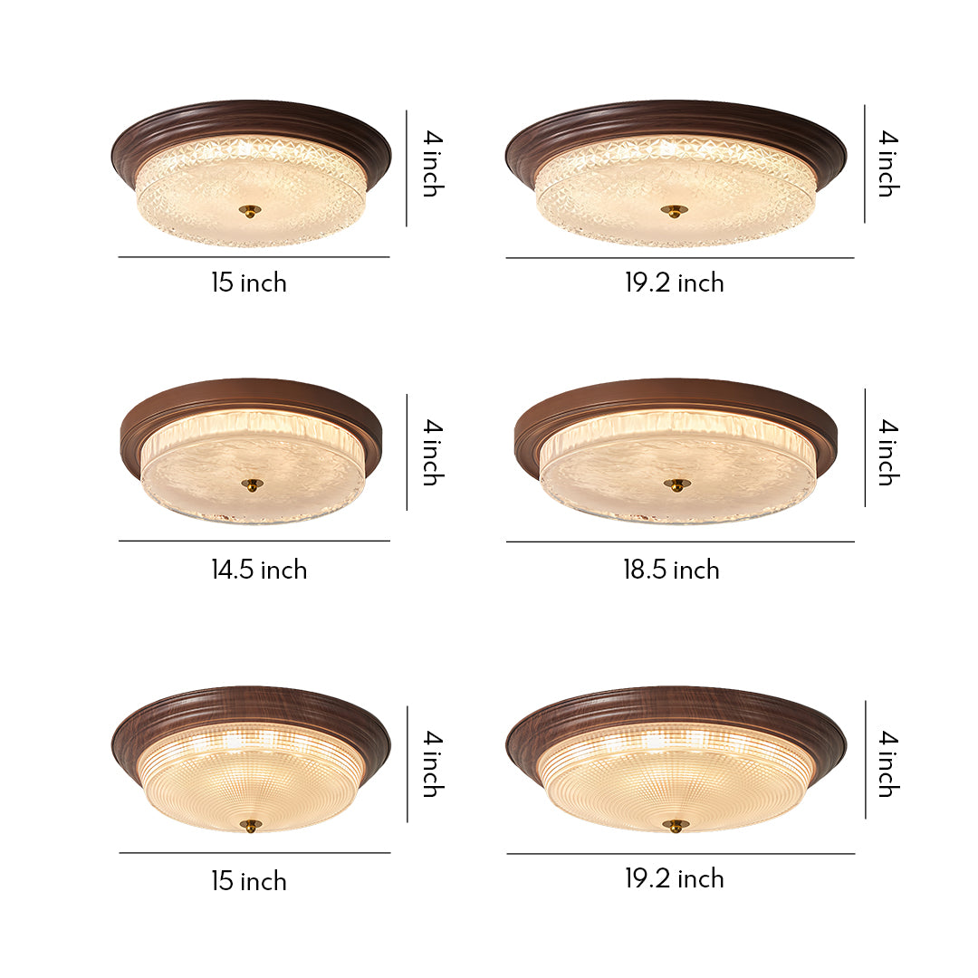 Size comparison chart displaying six flush mount dome light options in varying diameters