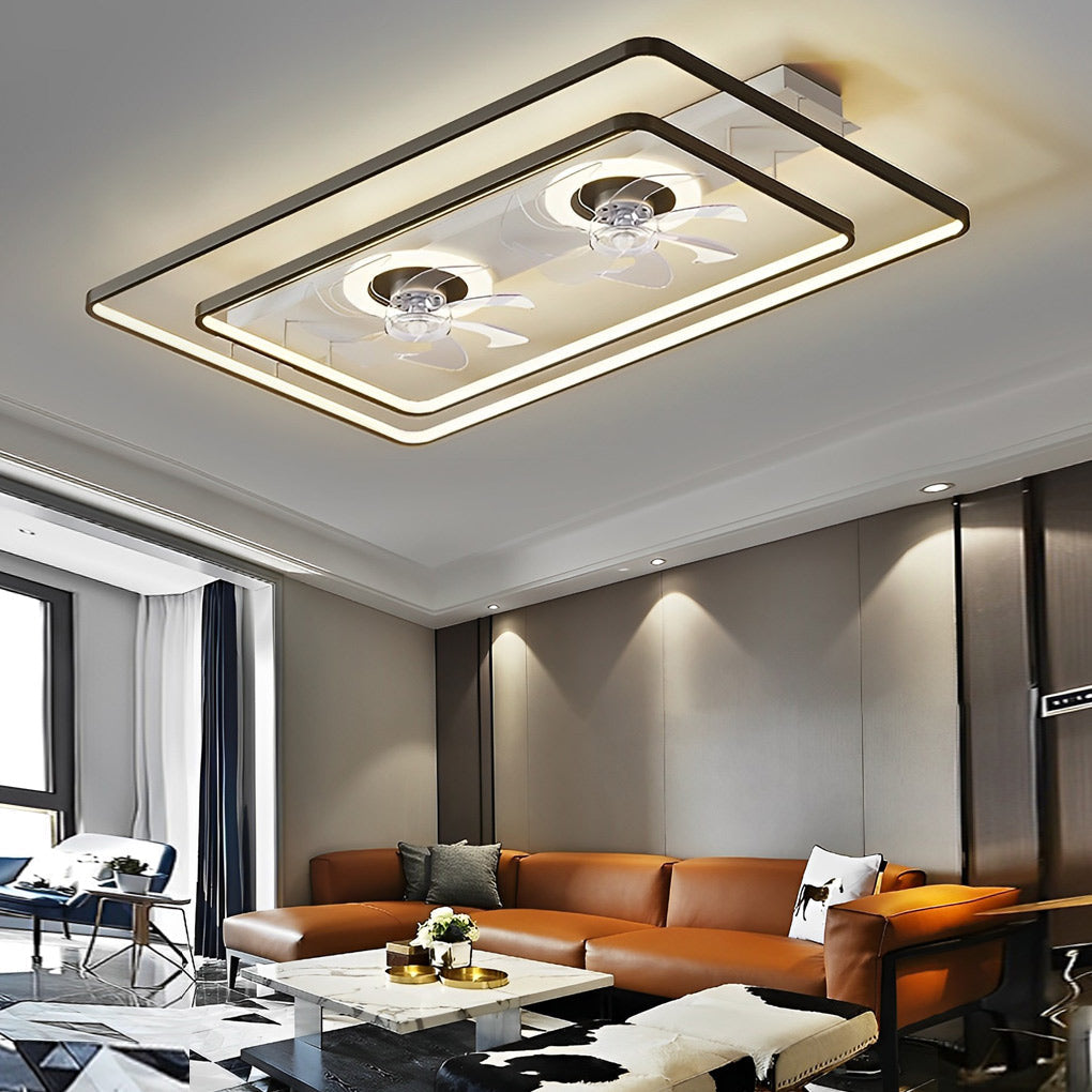 Flush mount dual head ceiling fans featuring integrated LED illumination in a modern living space.