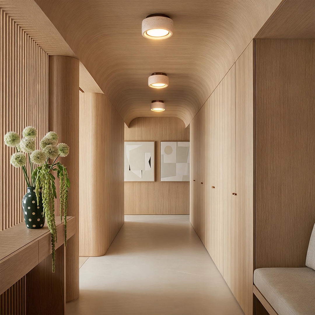 Flush mount entry light creating warm ambient lighting in a minimalist corridor.
